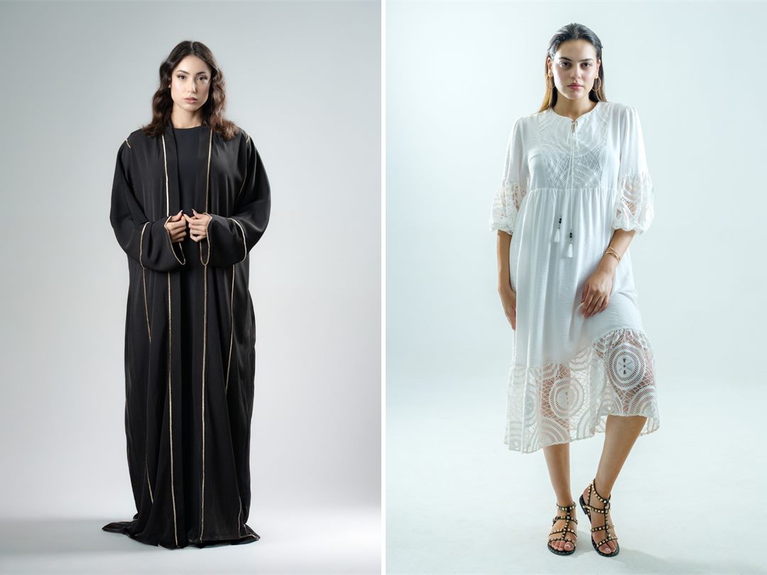 long modest dress under an open abaya, Nooraï and Maha Moden