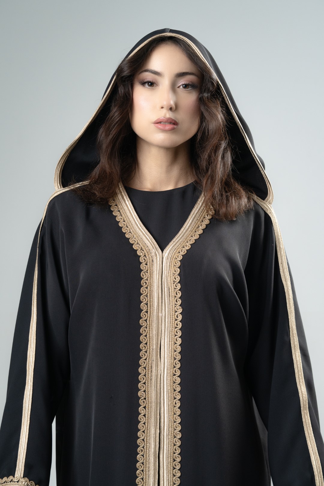 Refined metallic gold hooded abaya