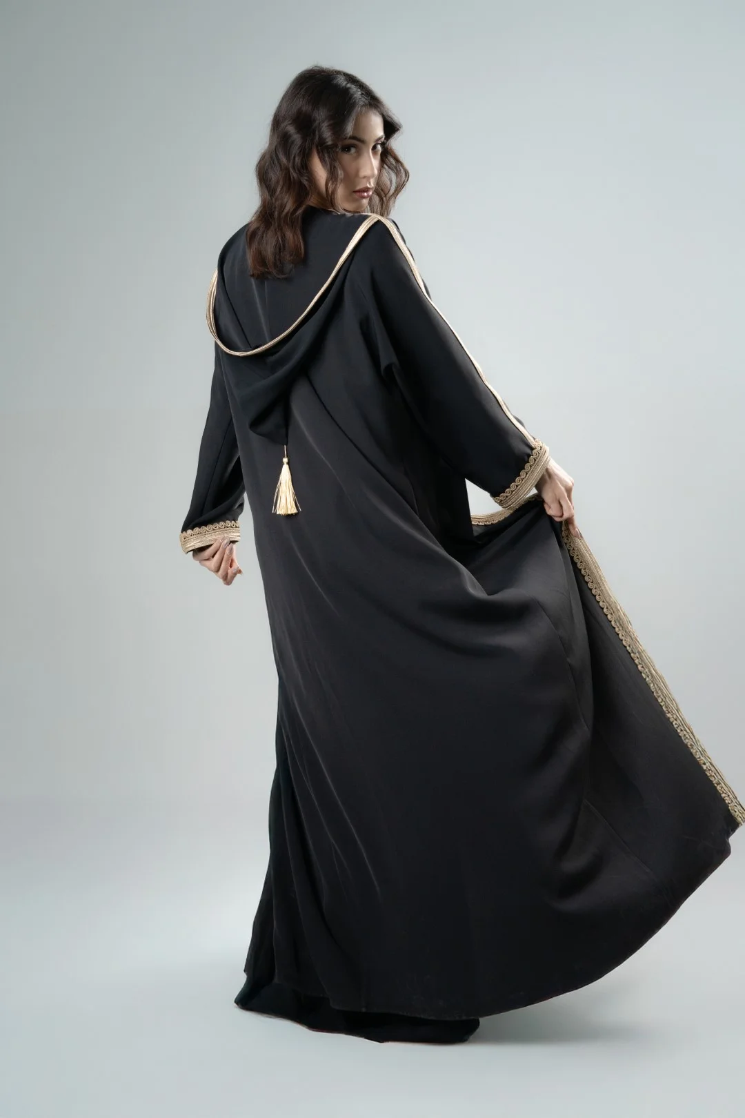 Refined metallic gold hooded abaya