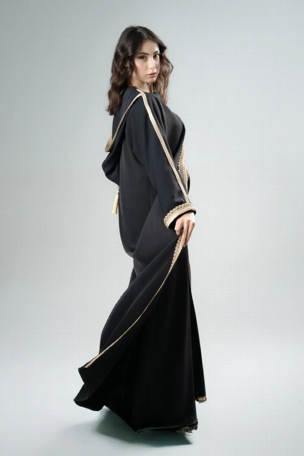 Refined metallic gold hooded abaya